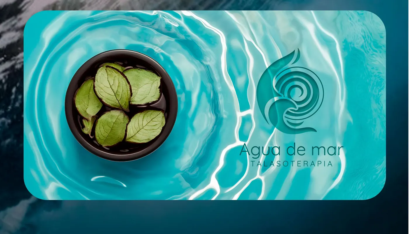 Logo de Agua de Mar sobre agua turquesa con un tazón de hojas