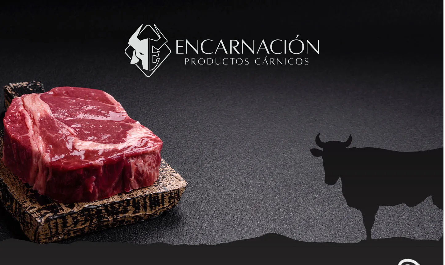Portada de la marca Encarnación con un corte de carne y la silueta de un toro